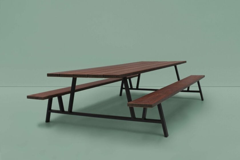 Unieke picknicktafel, een robuuste picknickbank van staal en hout.
