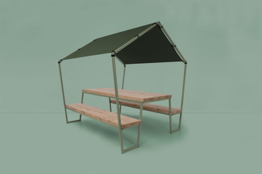 Duurzame picknicktafel, een stoere picknickbank van staal en hout.