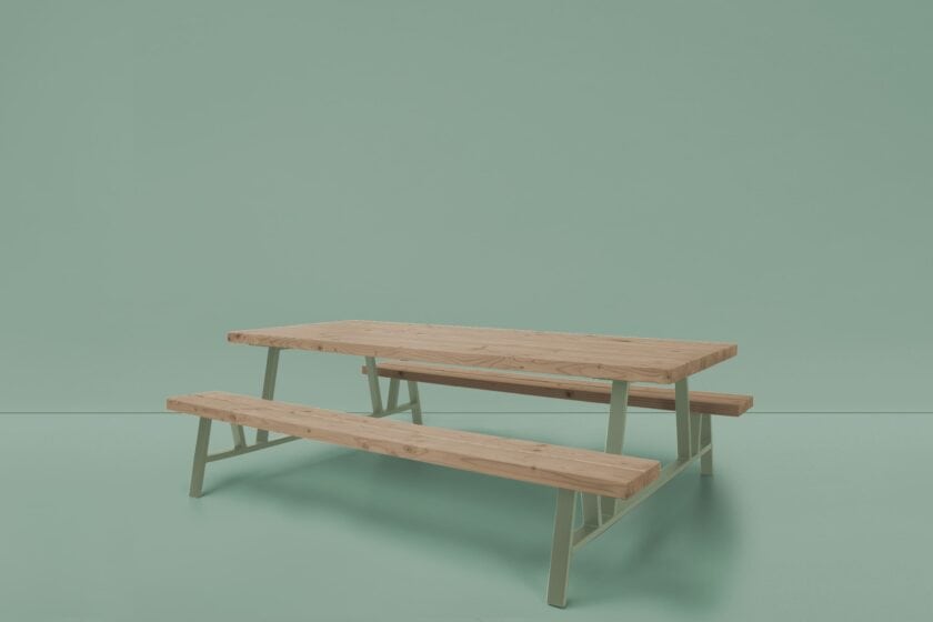 Duurzame robuuste picknicktafel, een picknickbank van staal en Padouk hout.