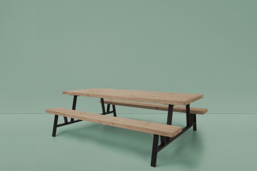Duurzame robuuste picknicktafel, een picknickbank van staal en Douglas hout.