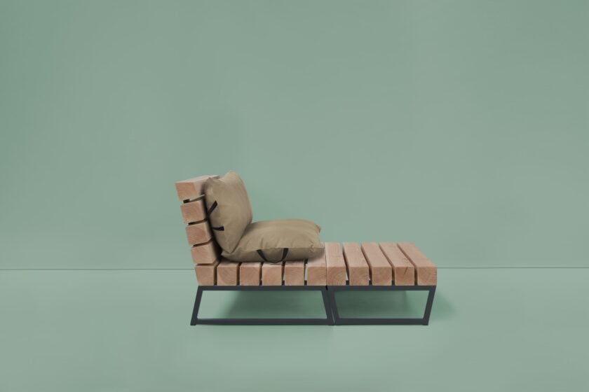 Daybed gemaakt van Douglas balken en staal